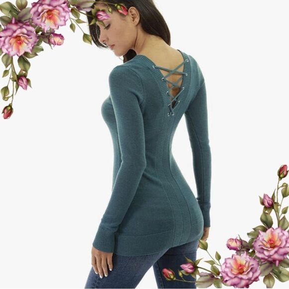 PattyBoutik Sweaters - PattyBoutik V Neck Lace Up Back long Sweater Deep Turquoise color Size Small
